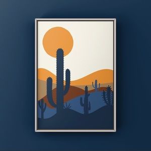 Mid century modern desert cactus sunset art print